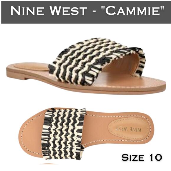 Nine West Cammie Slides Sandals 10 Black Cream Woven Raffia Island Tropical - Picture 1 of 12